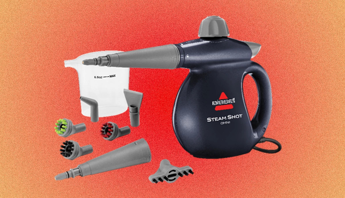a photo and graphic illustration shows a Bissell steams cleaner with various attachments