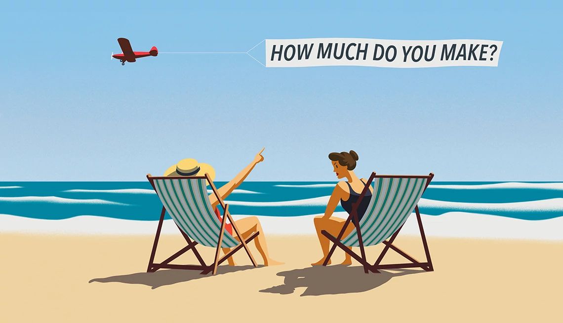 Is Your Salary a Taboo Subject people sit on the beach while a plane passes by, flying with a banner that says how much do you make