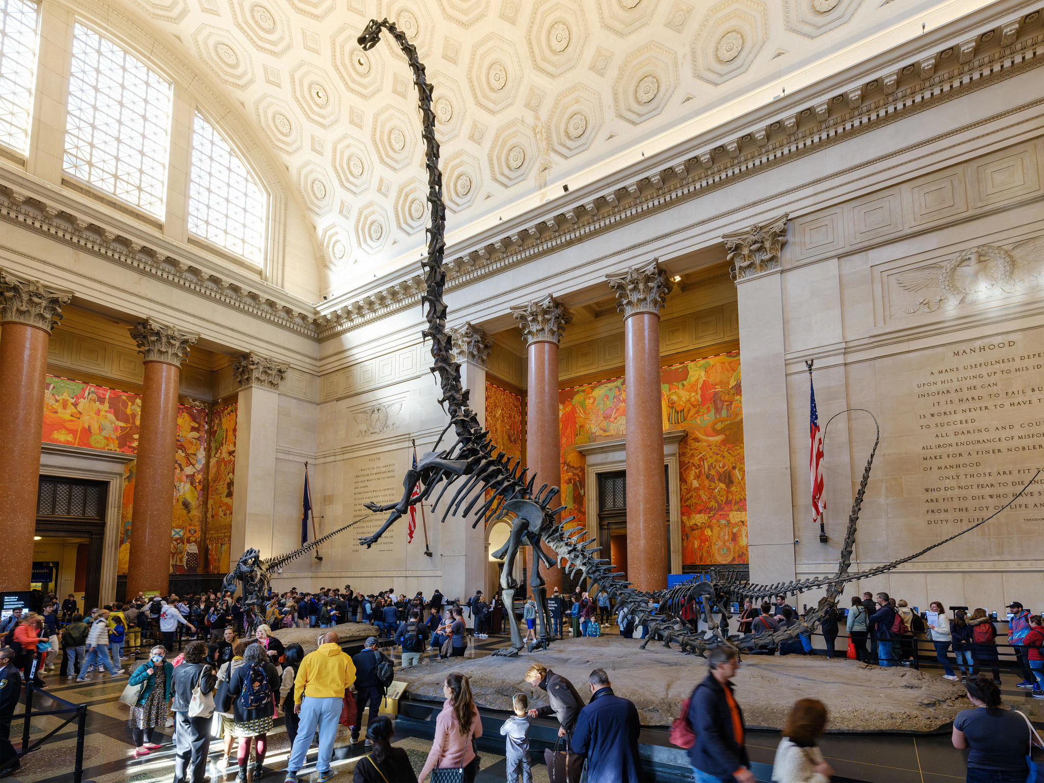 visitors gather around a dinosaur exhibit at a museum 