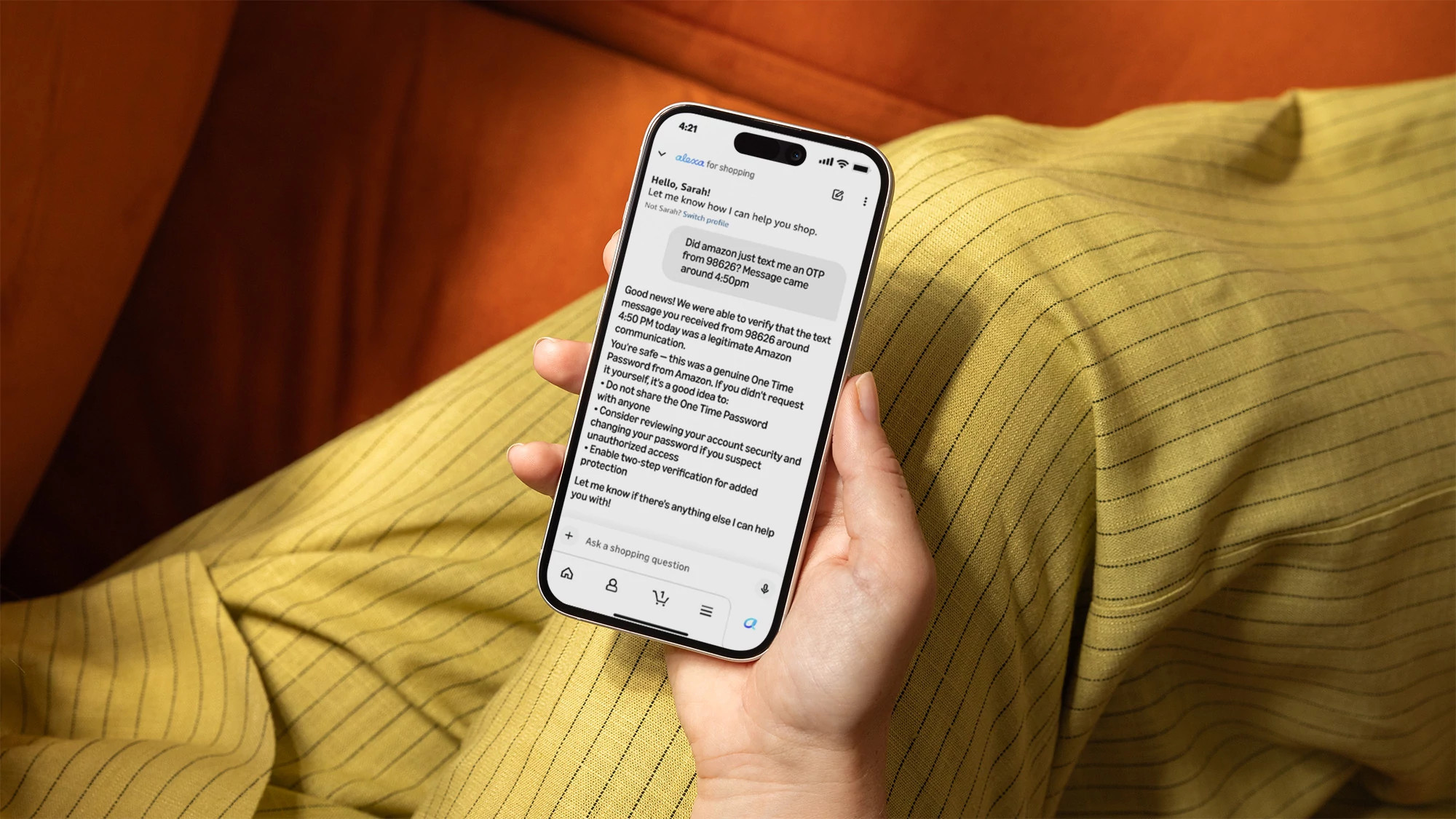 A person messages Alexa for Shopping to ask whether a one time password request from Amazon is legitimate