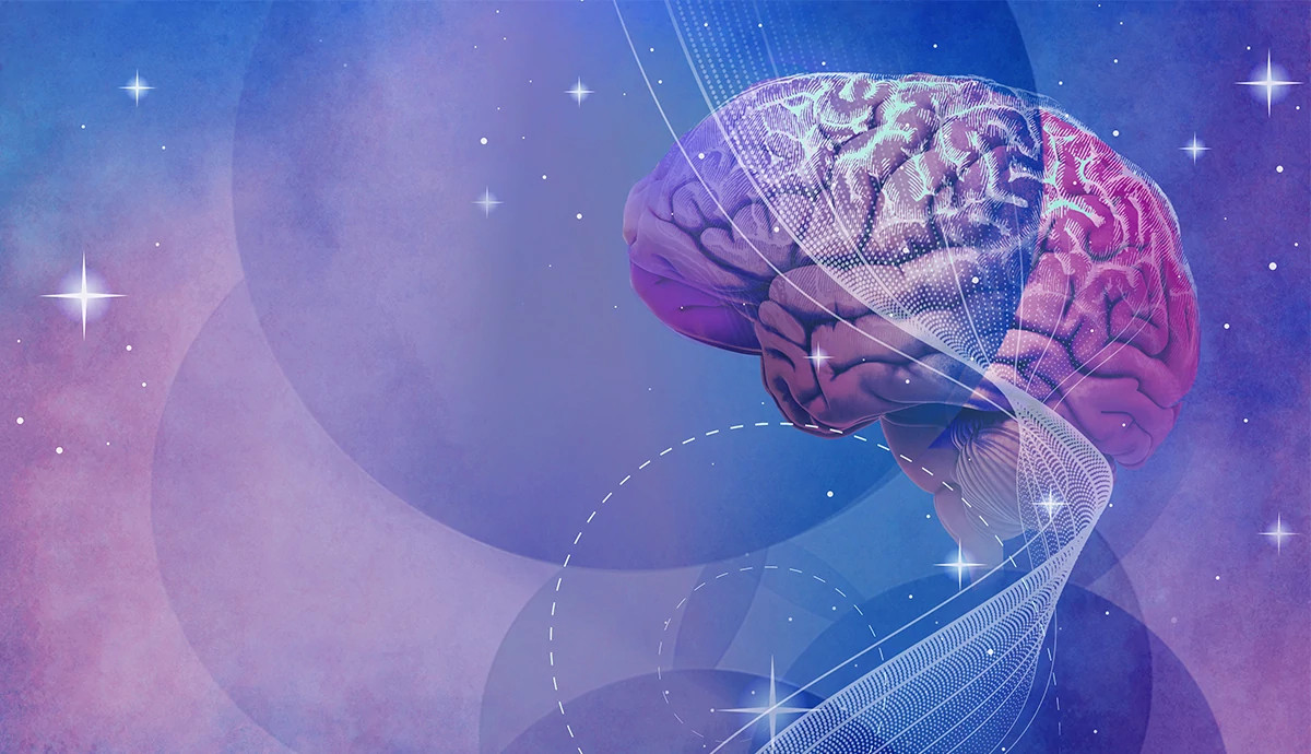 An illustration of a brain in front of a starry night sky background
