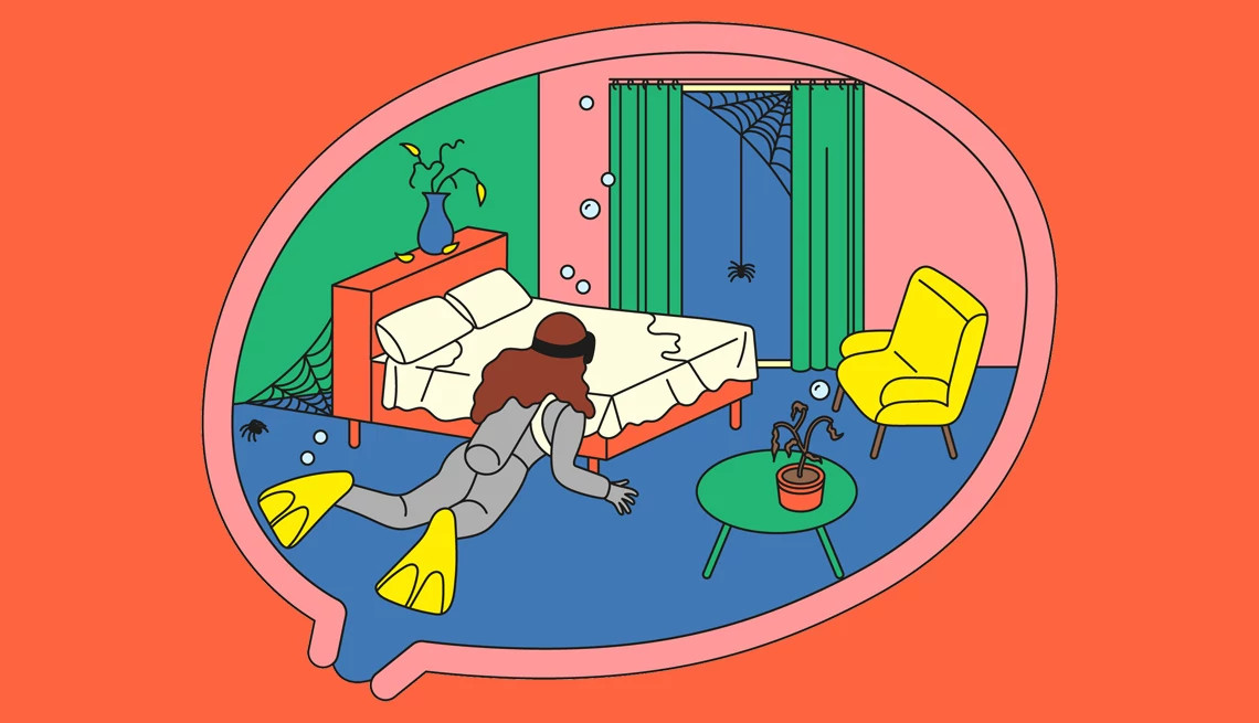 Illustration of inside of uterus showing a bed, chair, table and woman in scuba gear