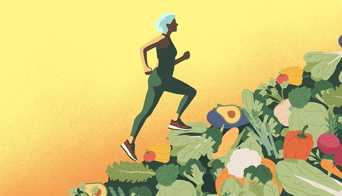 7 recursos esenciales de AARP Ilustración de una mujer vestida para hacer ejercicio que sube una colina de verduras.