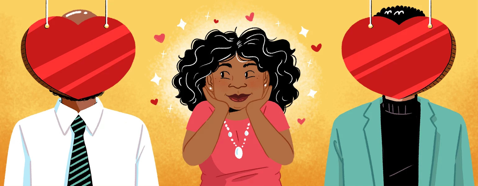 illustration of lady interested in dating and two male faces covered with hearts