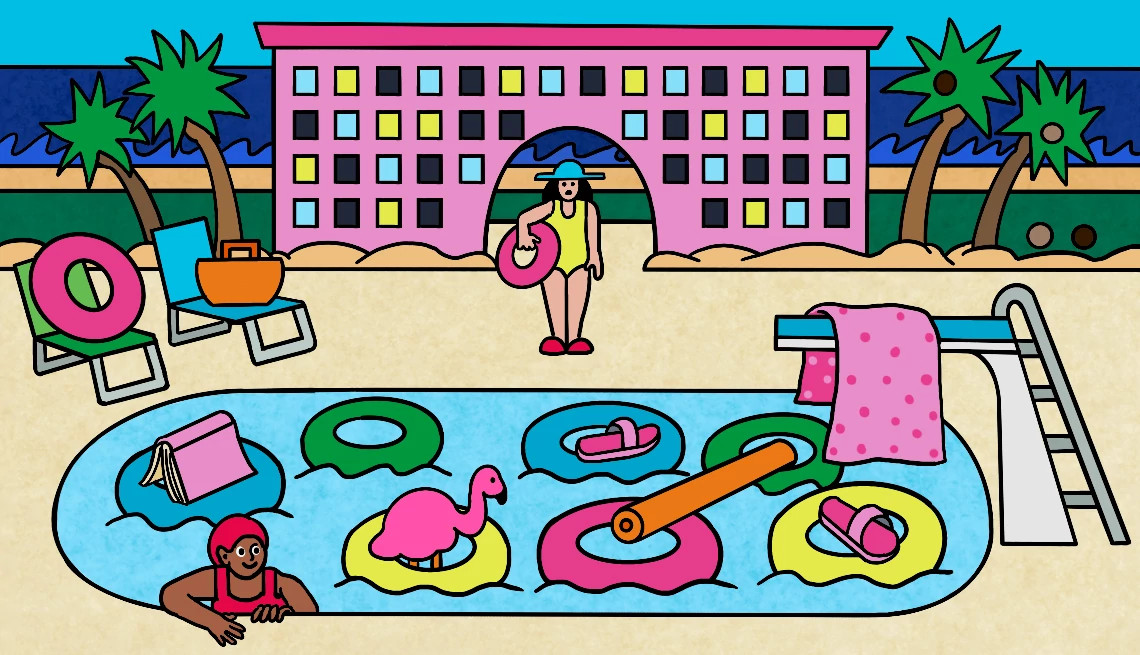 an illustration of a hotel guest looking at a pool filled with pool floats 