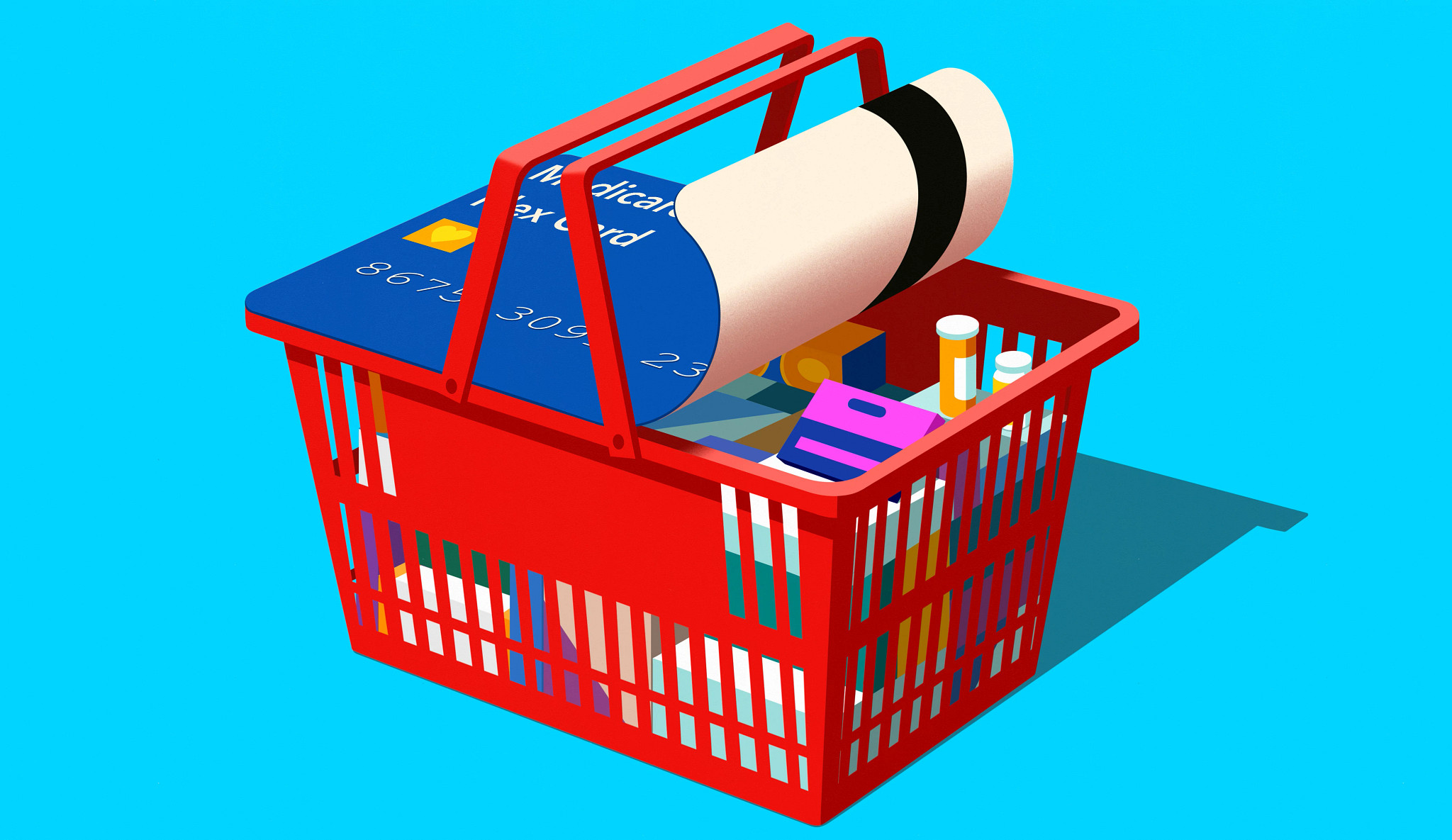 An graphic illustration of a red shopping basket filled with groceries and medicine bottles, with a blue Medicare Flex Card peeling back from the top like a lid.