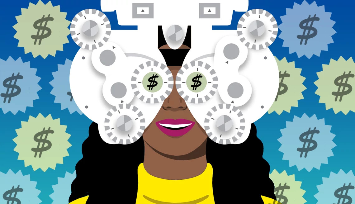 a woman in the middle of an eye exam, surrounded by dollar symbols