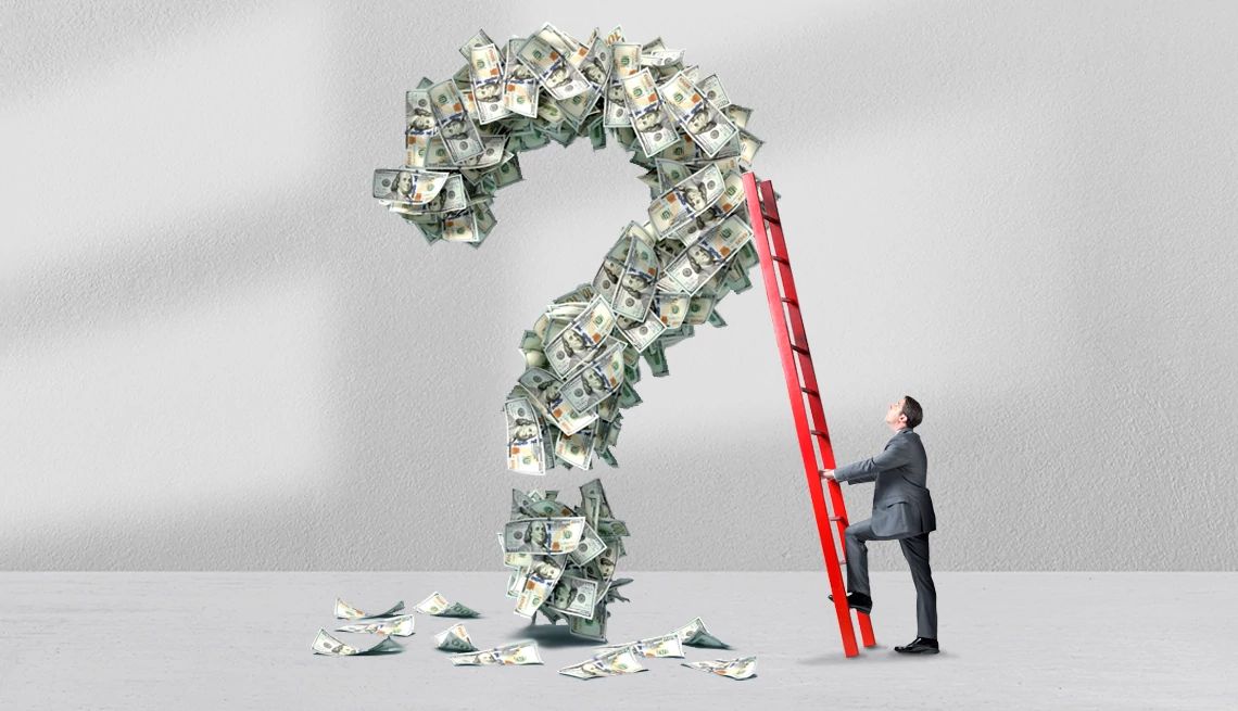 Retirement savings question a man climbs a ladder up a question mark made of cash
