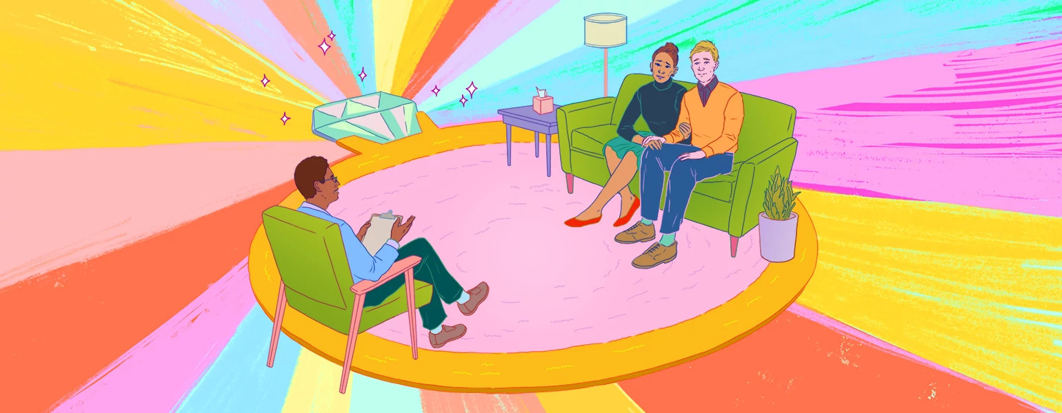 aarp, girlfriend, marriage therapy, illustration