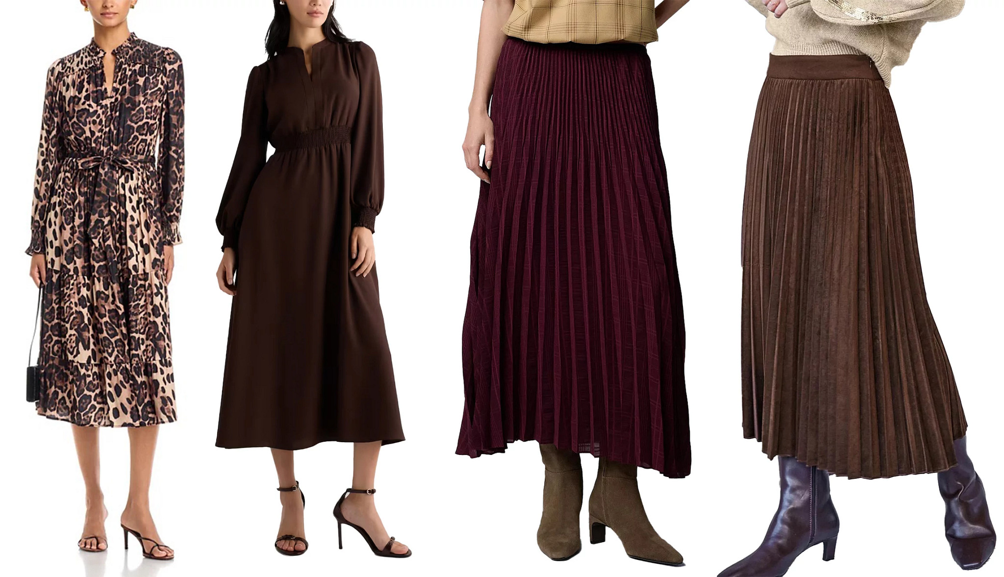 a collage with two different styles of midi dresses and two styles of pleated midi skirts