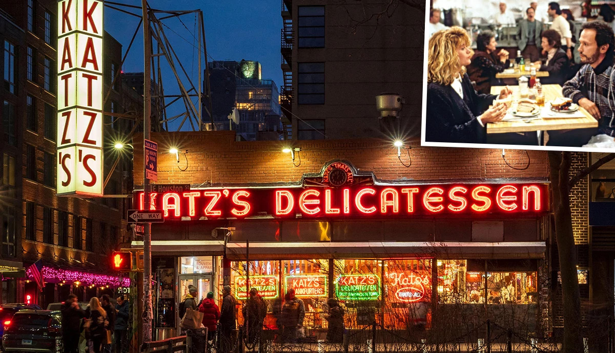 the exterior of Katz’s Delicatessen in New York City