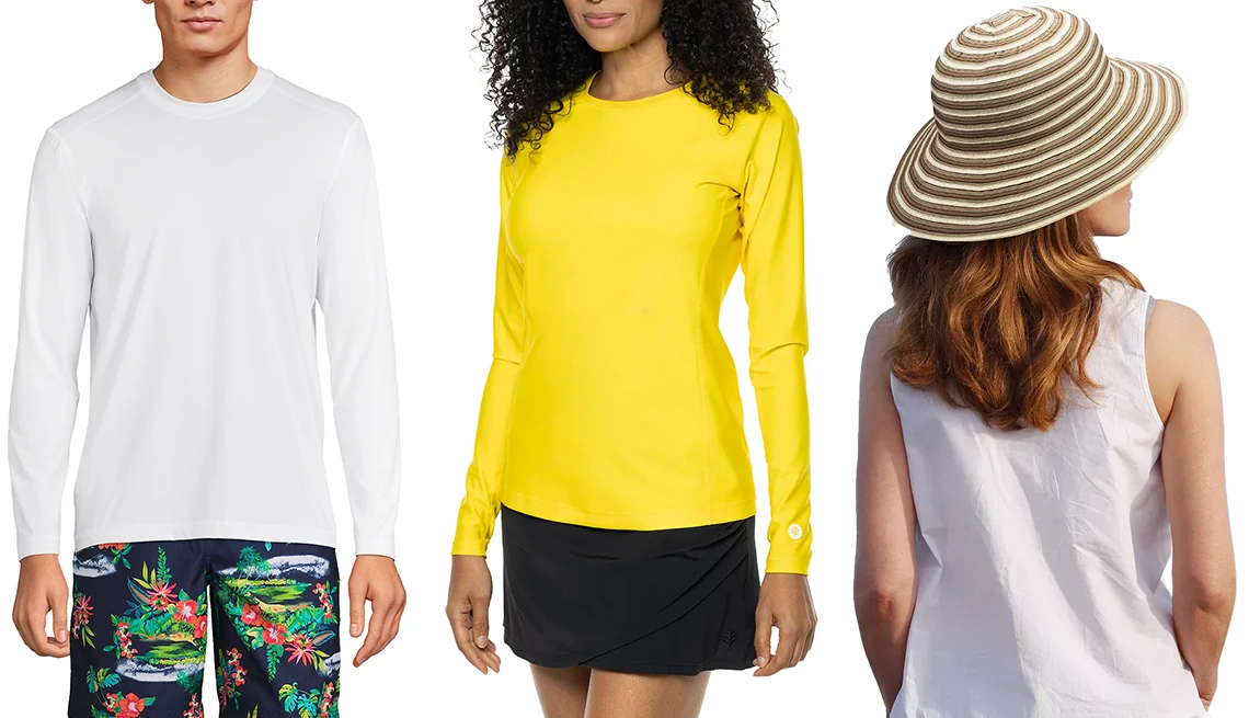 Lands’ End Long-Sleeve UPF50 Swim Tee Rash Guard in White; Coolibar Hightide Long-Sleeve Swim Shirt in Bold Yellow; Tirrinia Wide-Brim Straw Hat﻿ in Beige