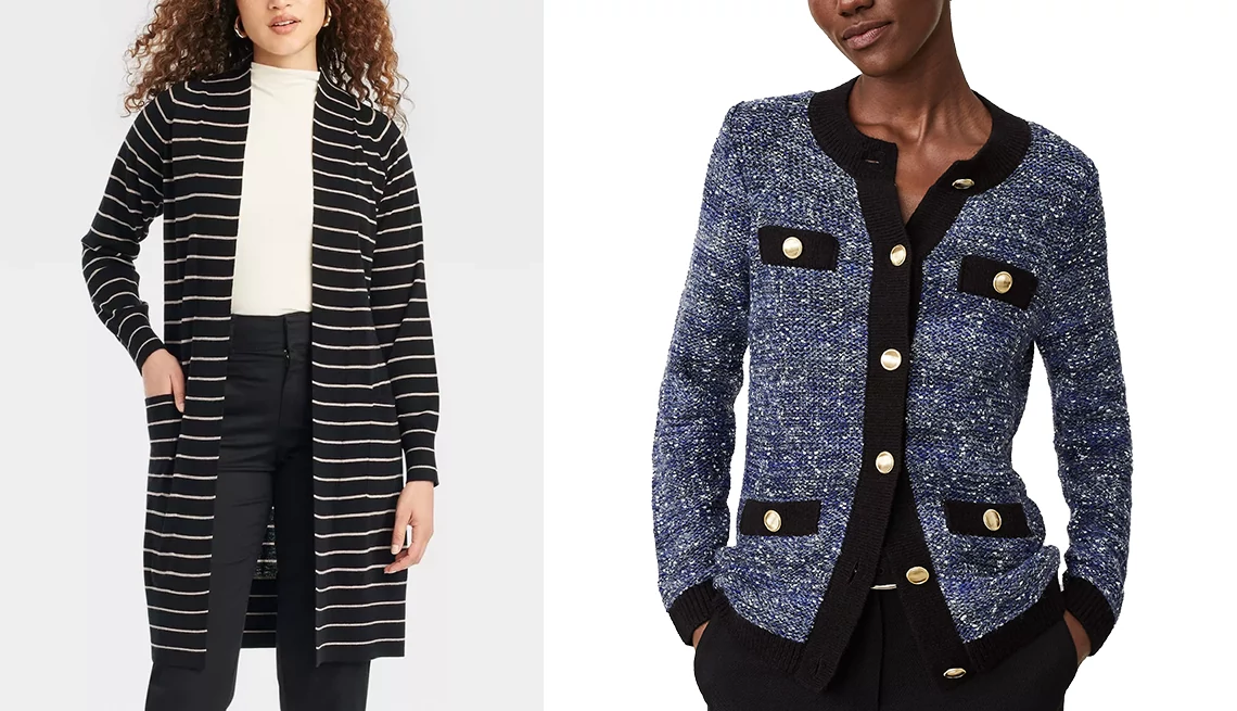A New Day Women’s Duster Cardigan in Black/Taupe Striped; Ann Taylor Tweedy Texture Button Trim Jacket in Blue Multi