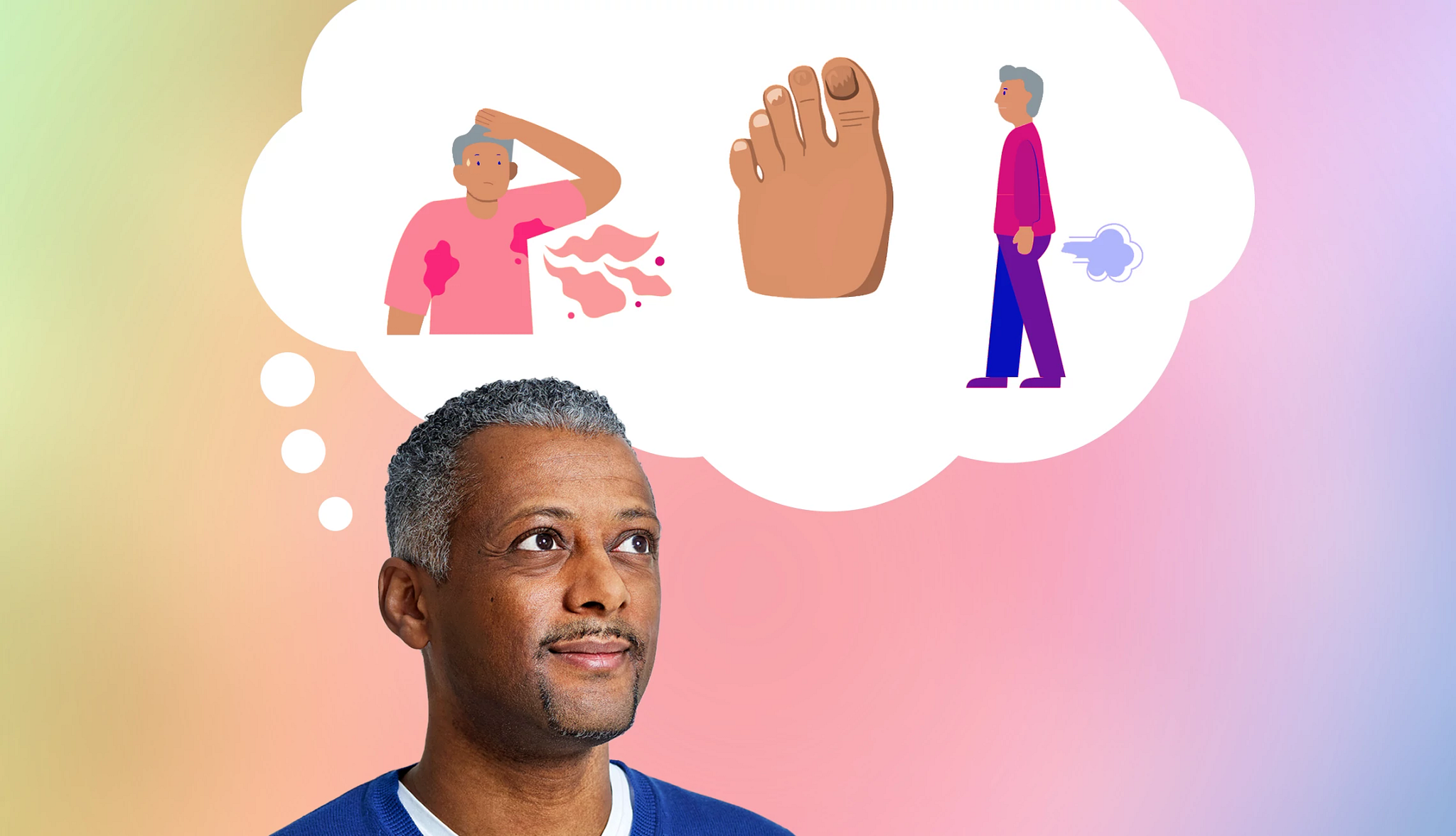 man thinking about embarassing health conditions like flatulence, body odor, and food problems