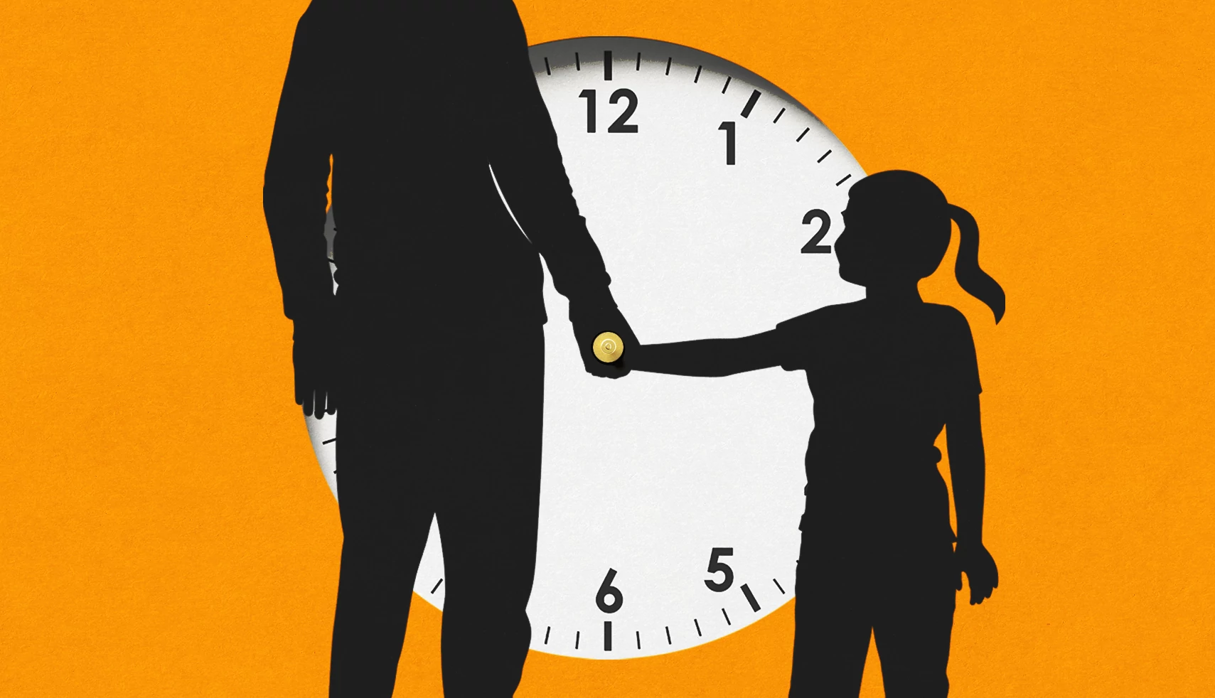 Glad I Waited to Be a Dad An older adult dad is shown in silhouette holding hands with his young daughter in front of a clock on an orange background. Their enjoined hands are in place of the hands on the clock