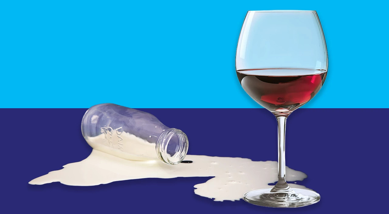 photo collage of spilled milk and wine glass
