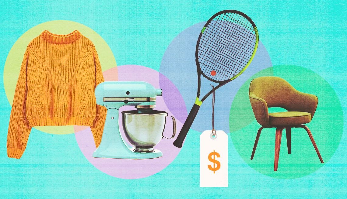 a collage of a sweater, mixer, racket and chair with a for sale sign various items you can sell while cleaning
