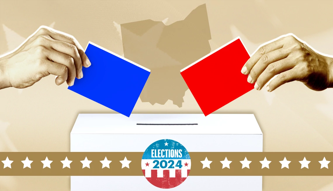 AARP polls older Ohio voters on 2024 election two hands putting a red and blue ballot into a ballot box