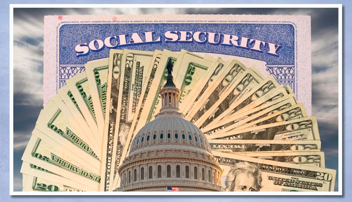 a bunch of money is shown behind an image of capitol hill with a social securtiy card as a background