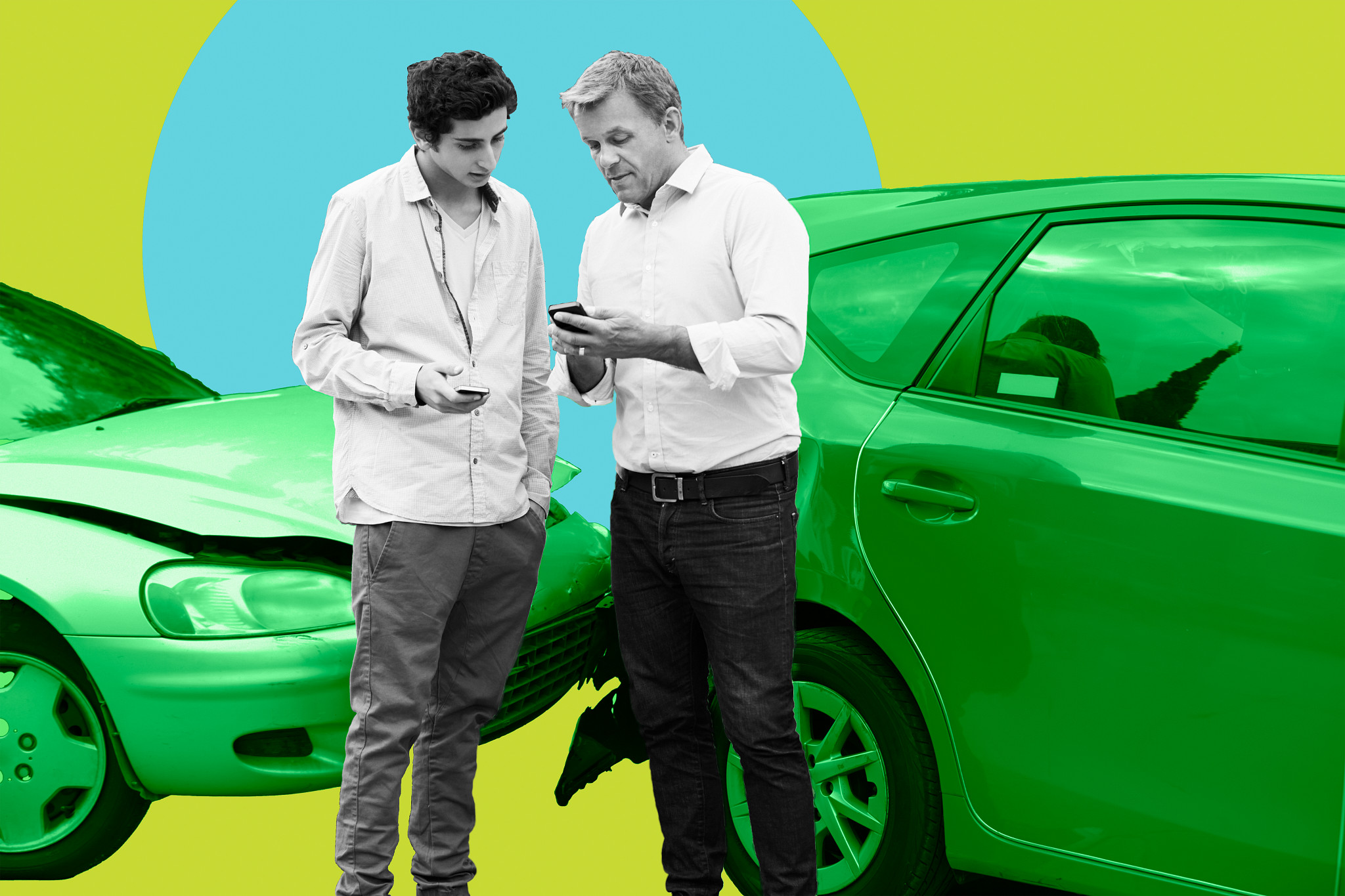 An illustration shows two men at the scene of an accident exchanging information