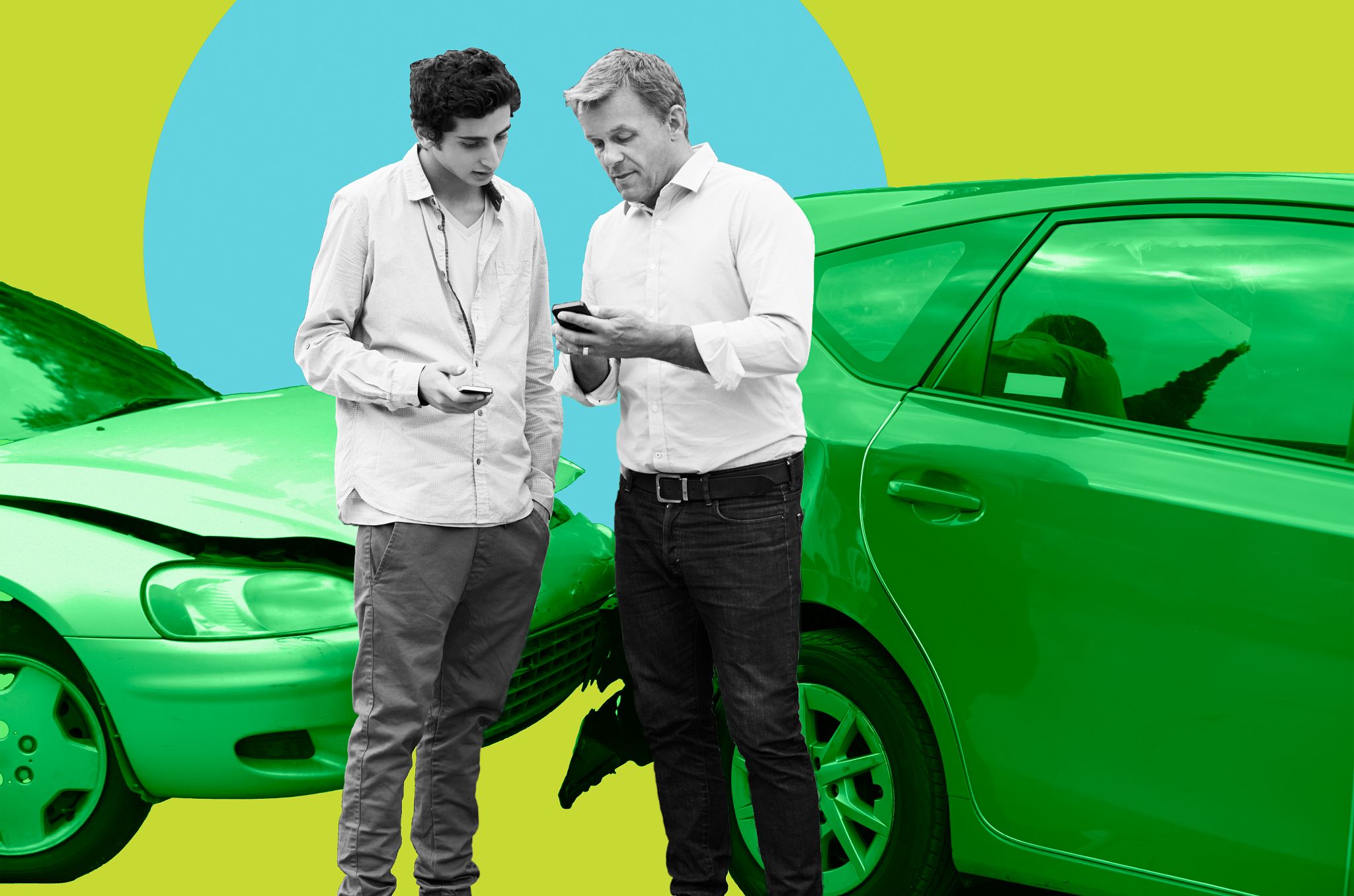 Car Accident Aftermath An illustration shows two men at the scene of an accident exchanging information