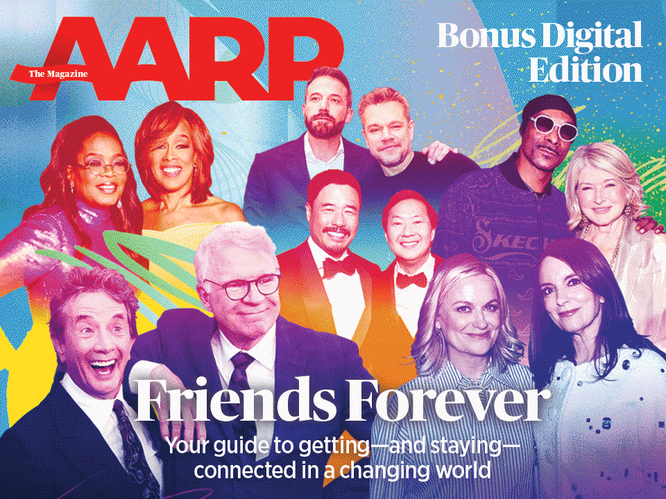 Several pairs of celebrity friends are shown in a graphic illustration from the cover of a a r p the magazine. The gif also includes images from the relationships issue
