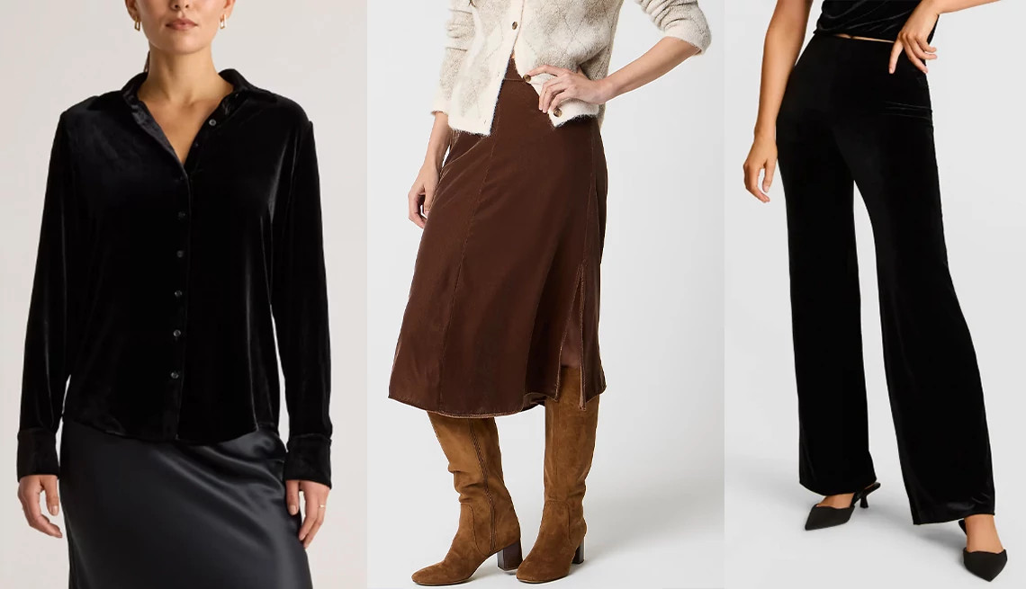 a collage with three models wearing velvet clothing items