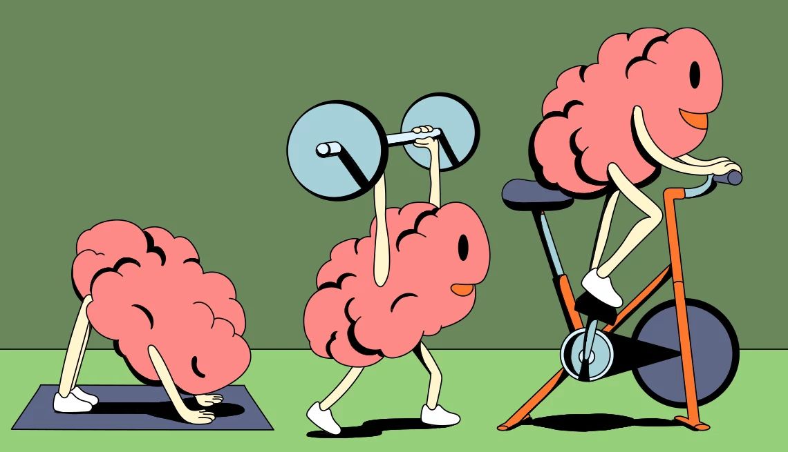 Debra Whitman and brain health graphic of a brain doing three types of exercises