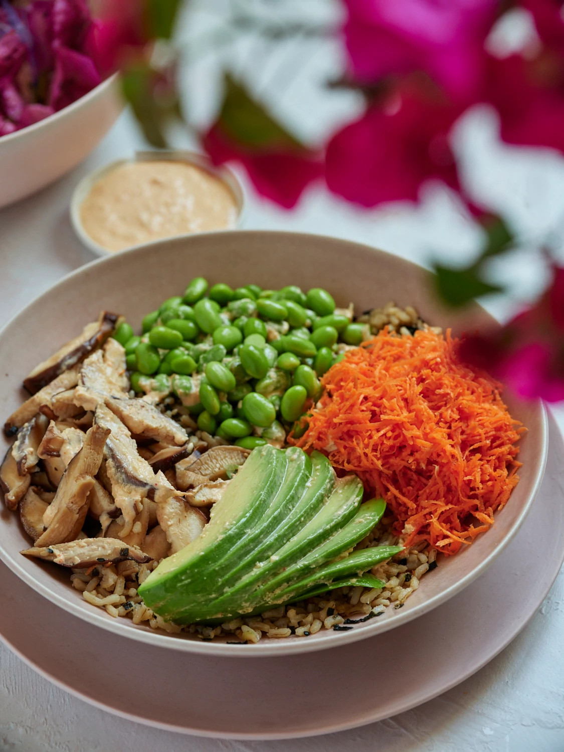 A close-up view of Blue Zones' 'shroom bowl with creamy dressing