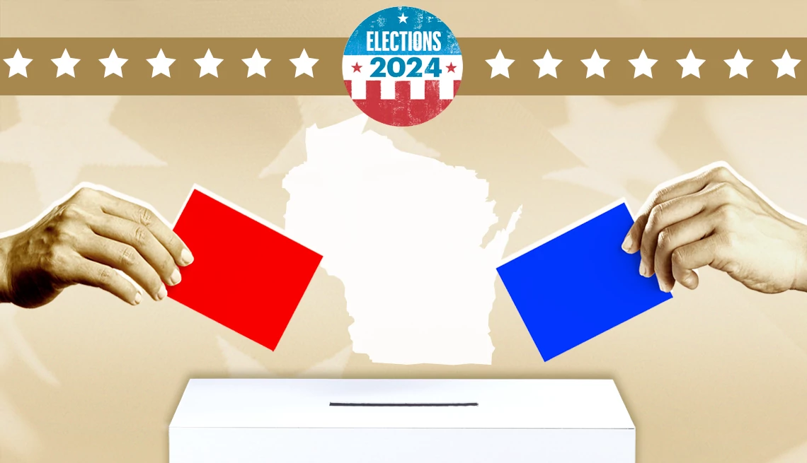 Wisconsin election poll two hands place a red and blue ballot into a ballot box, in front of the outline of wisconsin
