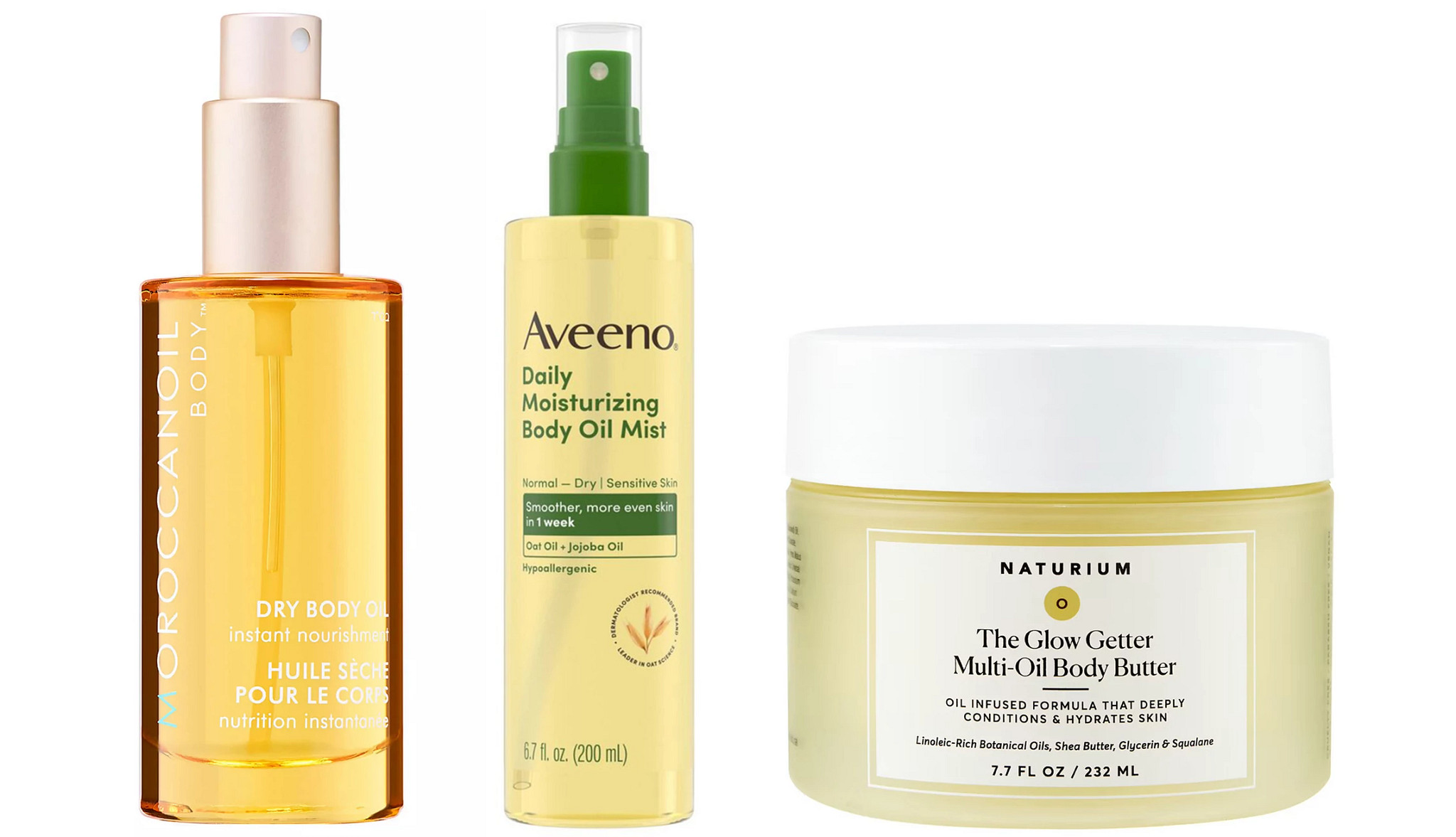 a collage with two different body oil products and a body butter
