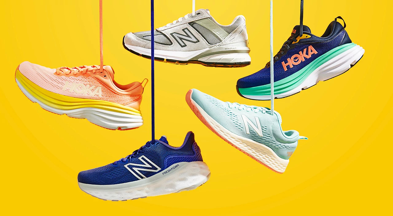 colorful sneakers on a yellow background