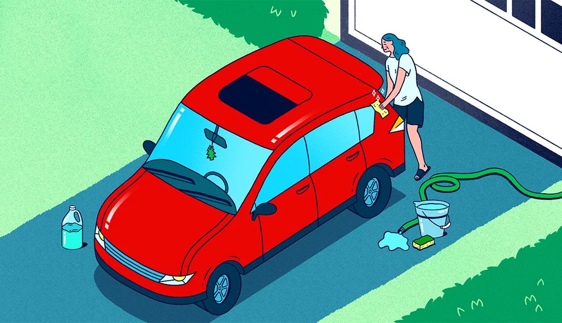 Keep Your Ride on the Road A woman in a leafy suburb washes her car