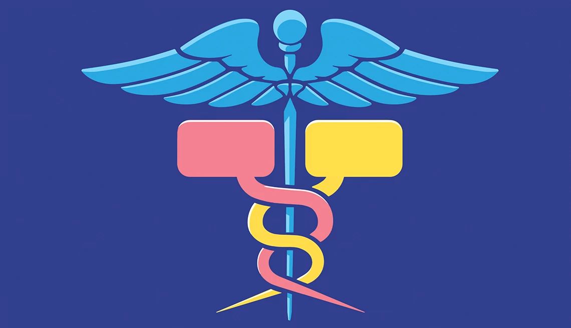 Right to a Medical Interpreter messaging icons coiling around the caduceus (insignia of the US medical corps)