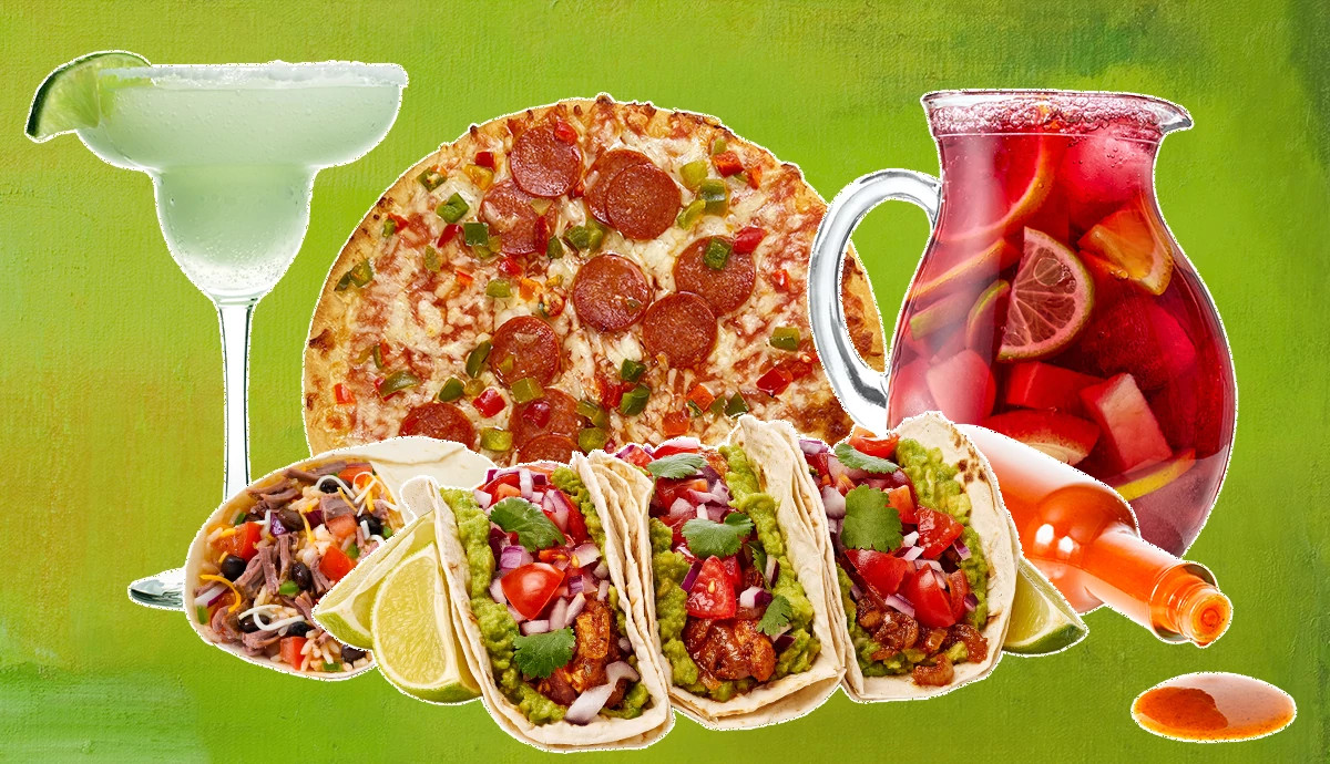 a photo and graphic collage combines images of sangria, a margarita, tacos and hot sauce