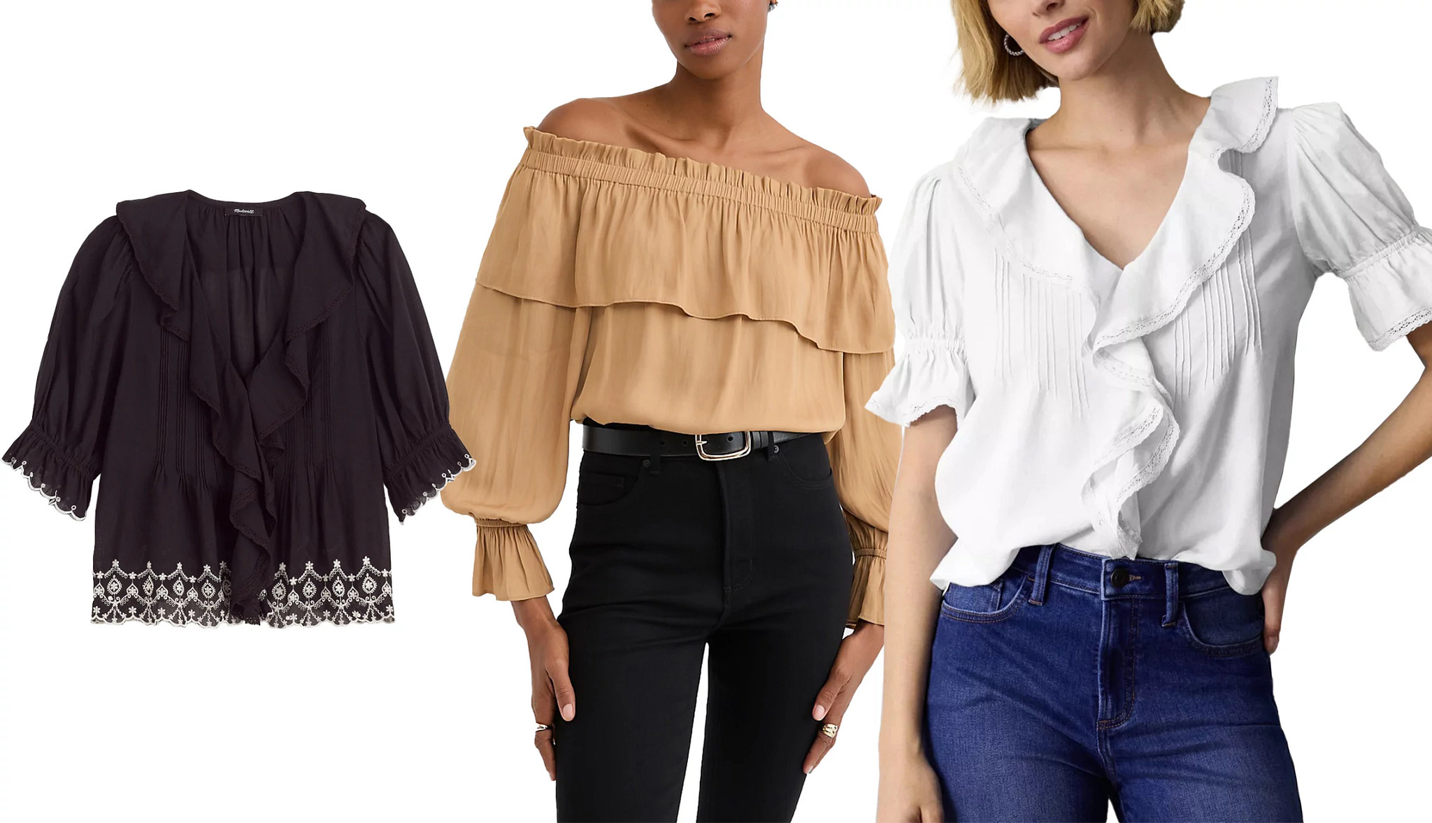 a collage with two models wearing ruffled blouses in tan and white, and a third blouse in black