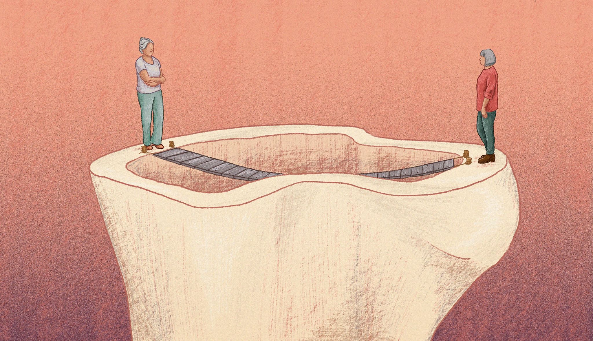 Reconnecting With My Sister A photo illustration shows two women standing on opposite sides of a giant, hollowed-out bone, with a rope bridge stretched across the chasm.