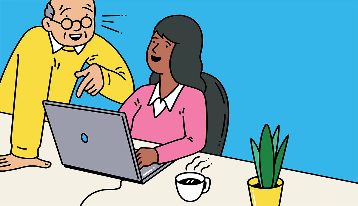 an older adult man is shown in an illustration providing guidance to a woman working on a laptop. There is a hot cup of coffee also on her desk