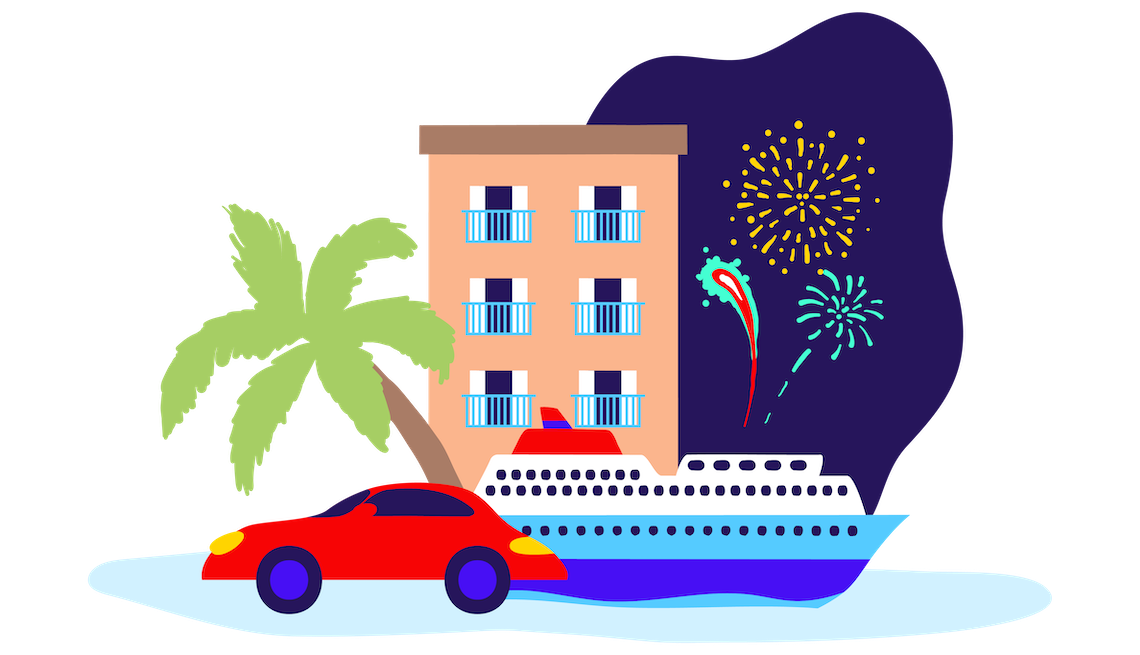 illustration of a car and hotel with fireworks in the backgound
