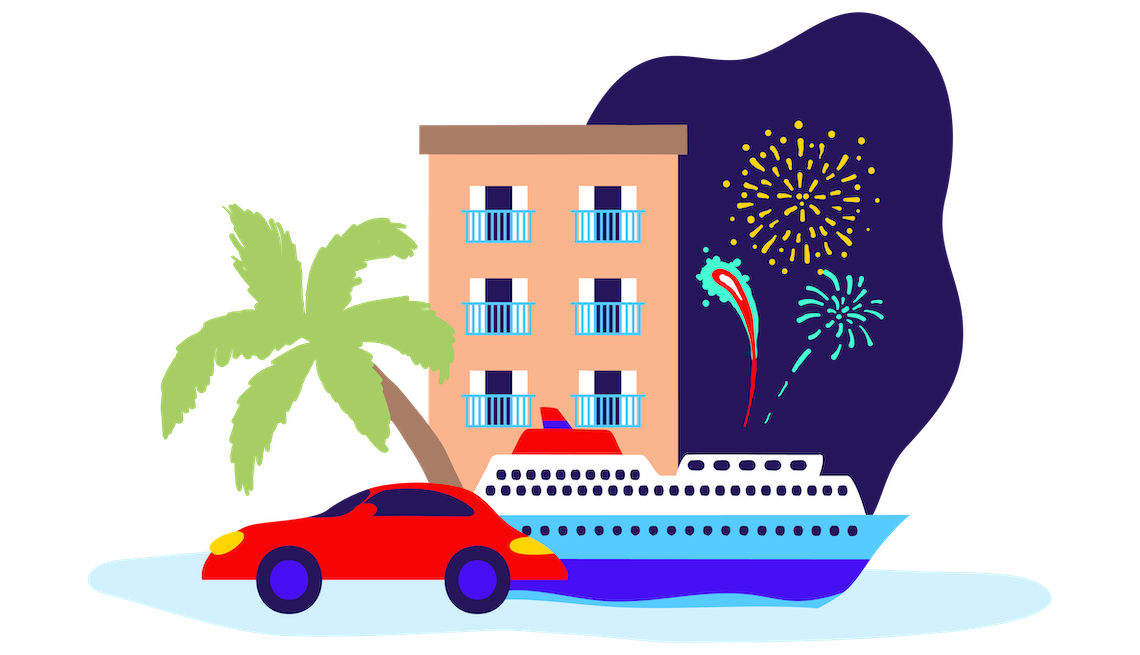 transportation deals and attraction discounts for older adults illustration of a car and hotel with fireworks in the backgound