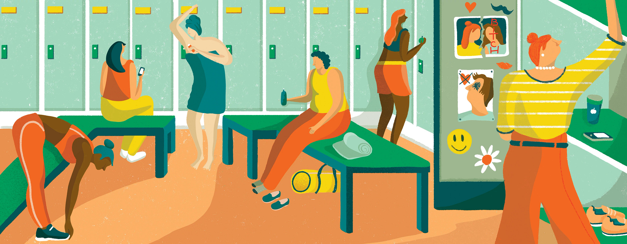 Illustration of women in a high school locker room