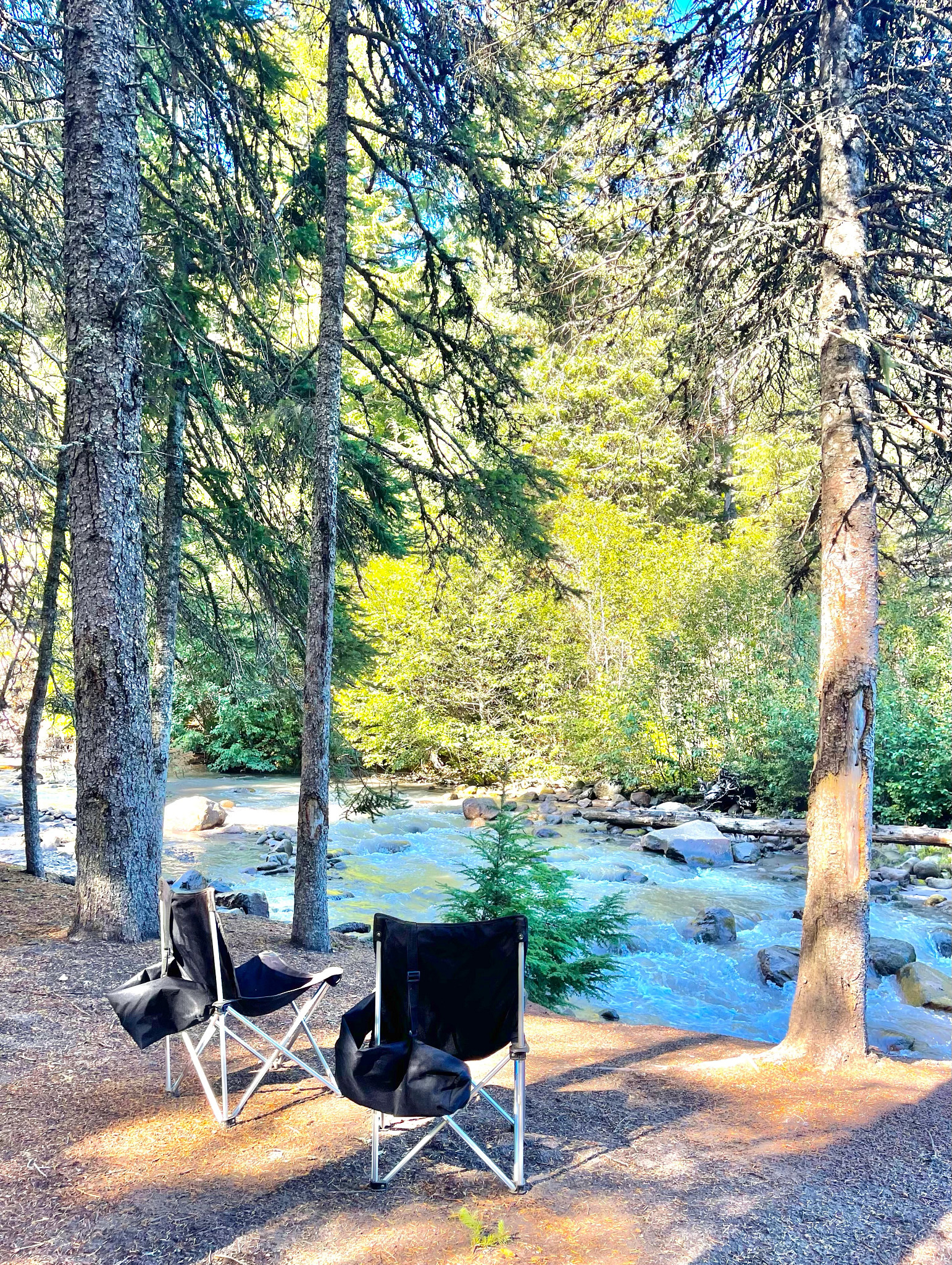 foldable chairs near a river in the woods