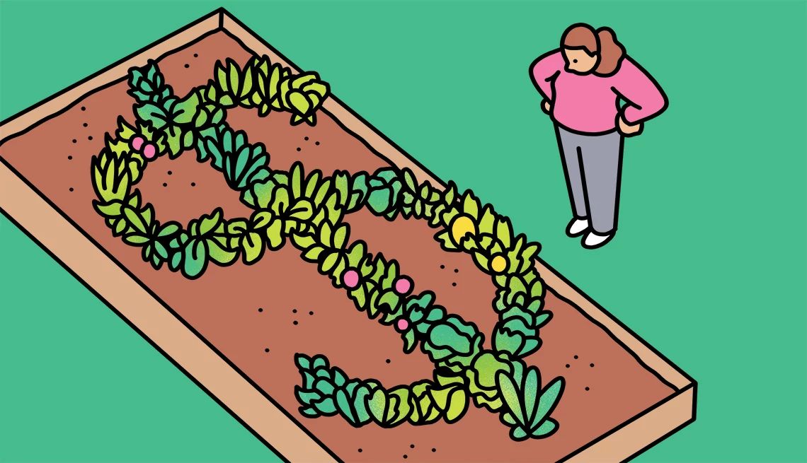 ways to save at the supermarket a woman looks at a garden shaped like a dollar sign