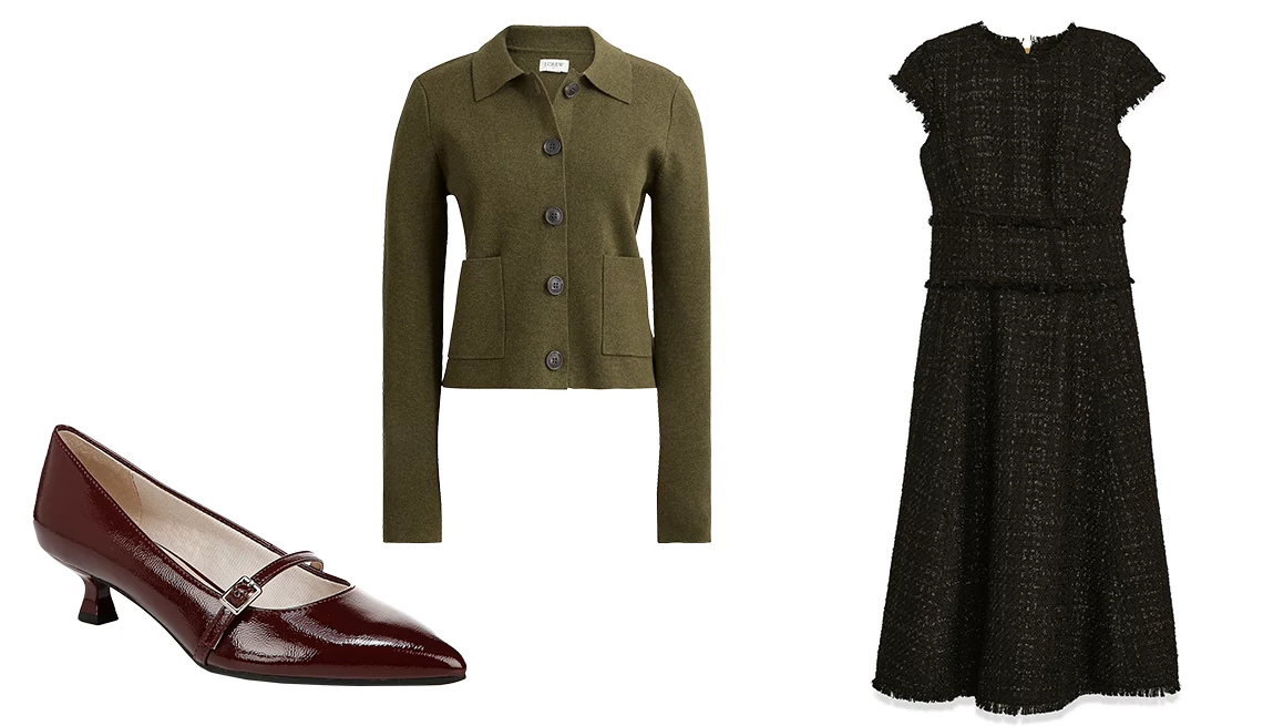 Swap sexy and sassy for sophisticated Lifestride Women’s Madelyn Mary Jane Kitten Heel Pumps in California Wine Faux Patent; J.Crew Factory Collared Lady Jacket Cardigan Sweater in Hthr Loden; Donna Karan New York Metallic Tweed Midi Dress