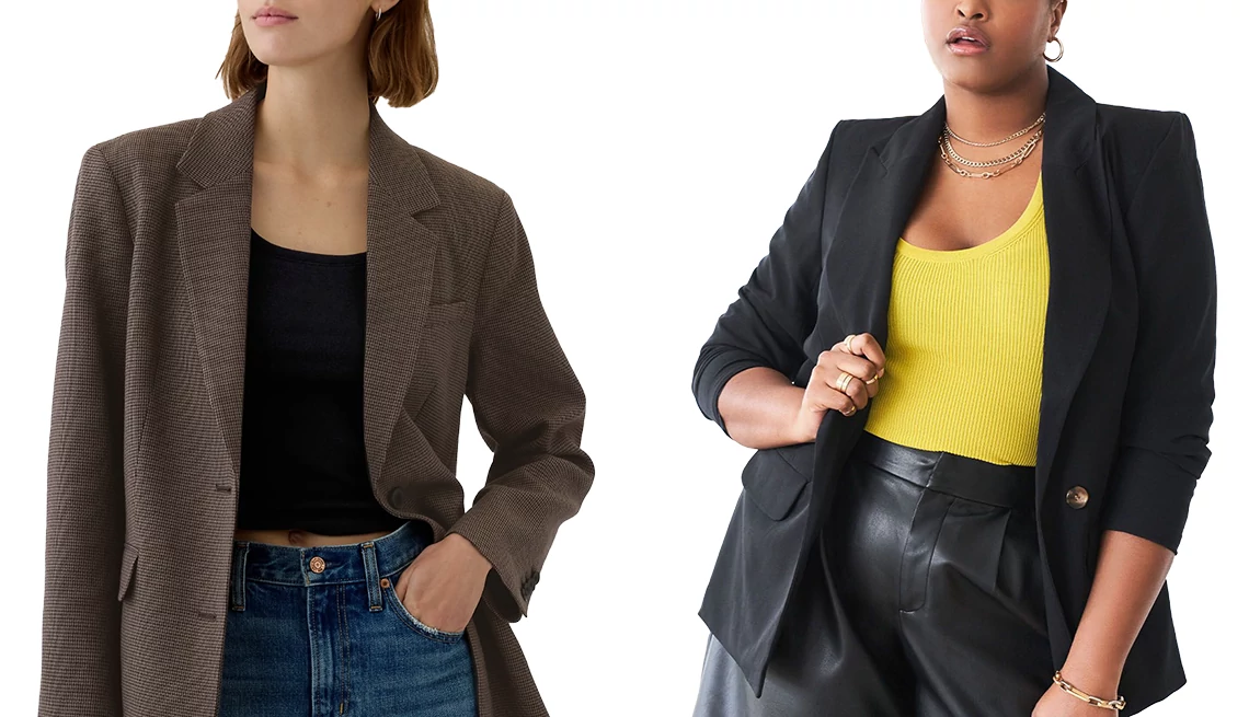 Throw on a blazer Gap Relaxed Plaid Blazer in Brown Plaid; Eloquii Long Relaxed Blazer in Totally Black