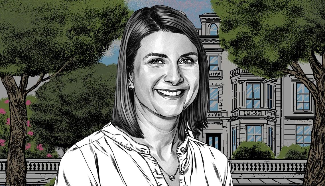 CJ Wray, Author of The Excitements illustration of author cj wray overlaid on an illustration of a stately european building and surrounding trees and flowering bushes