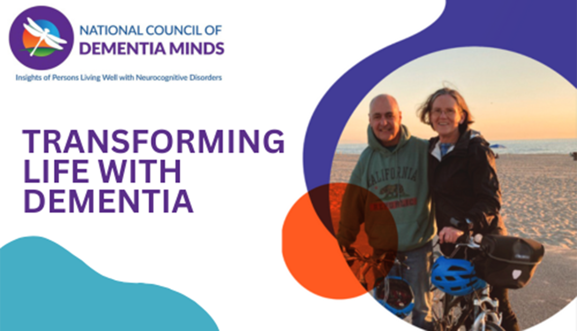 Promotion for the National Council of Dementia Minds' Transforming Life With Dementia A man and woman standing on the beach with the text "National Council of Dementia Minds" and "Transforming Life With Dementia"