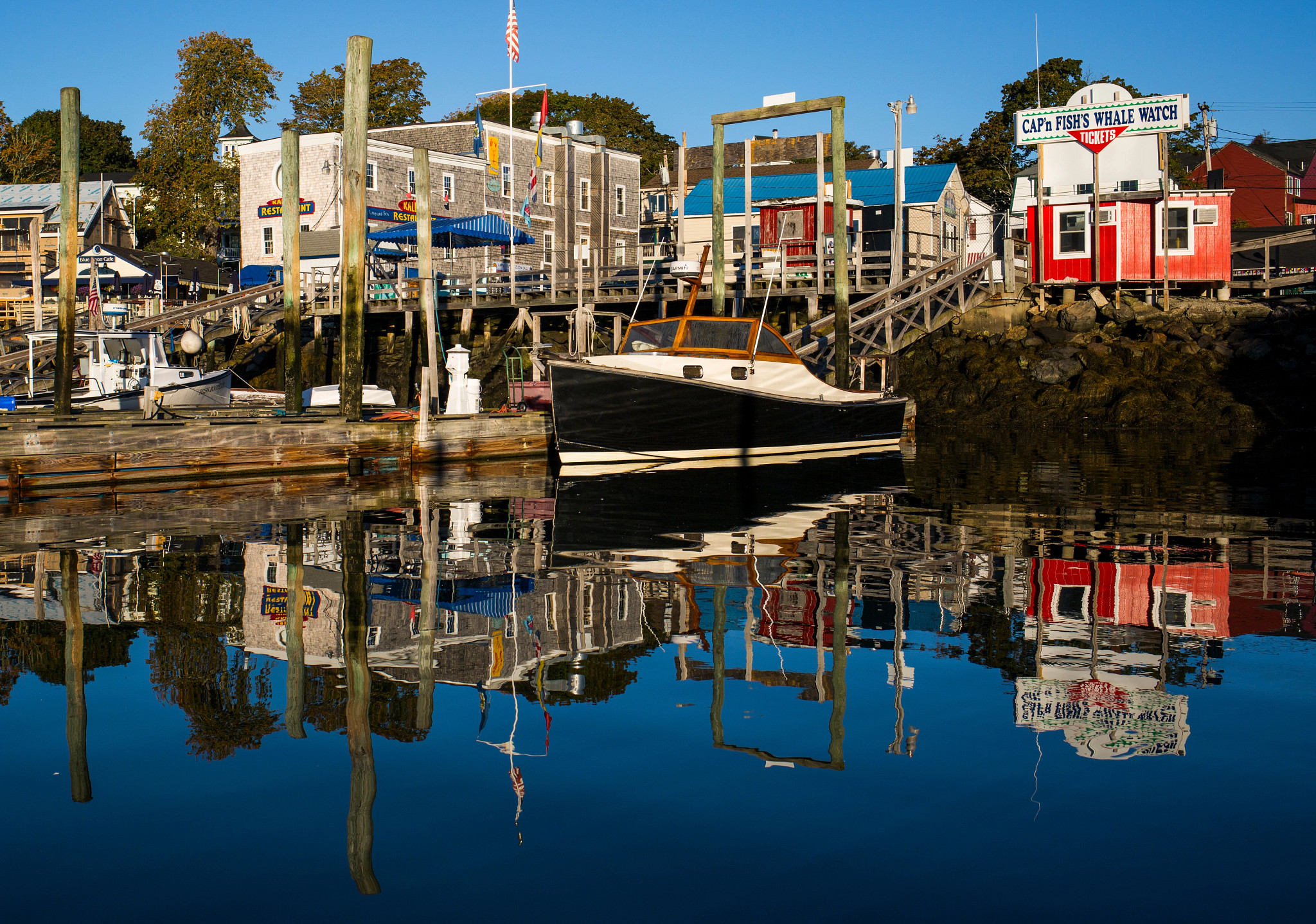 a dock with stores in the background