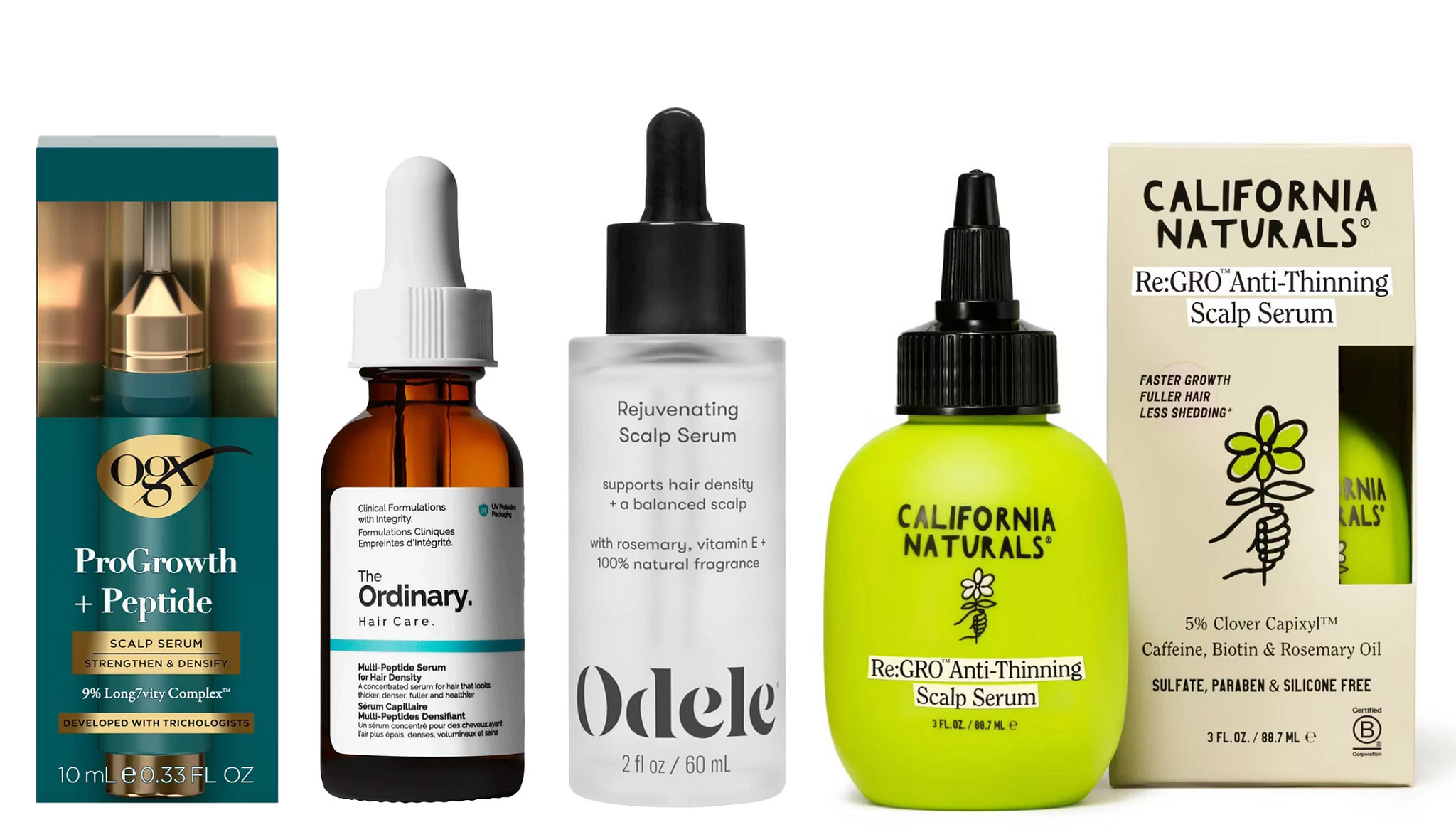 A collage with four different scalp serums that can be purchased at the drugstore