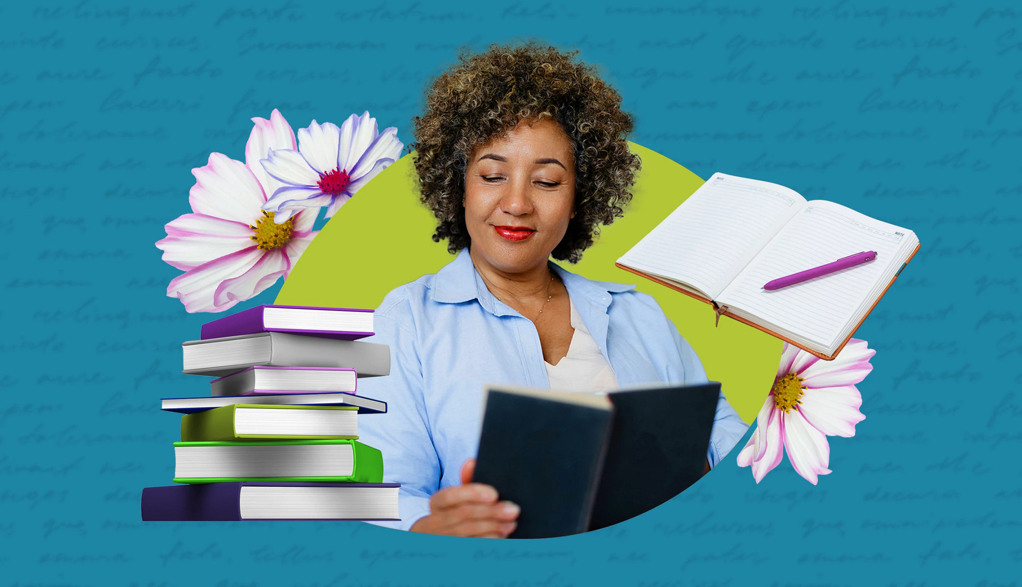photo collage of woman reading surrounded by books, open journal and flowers